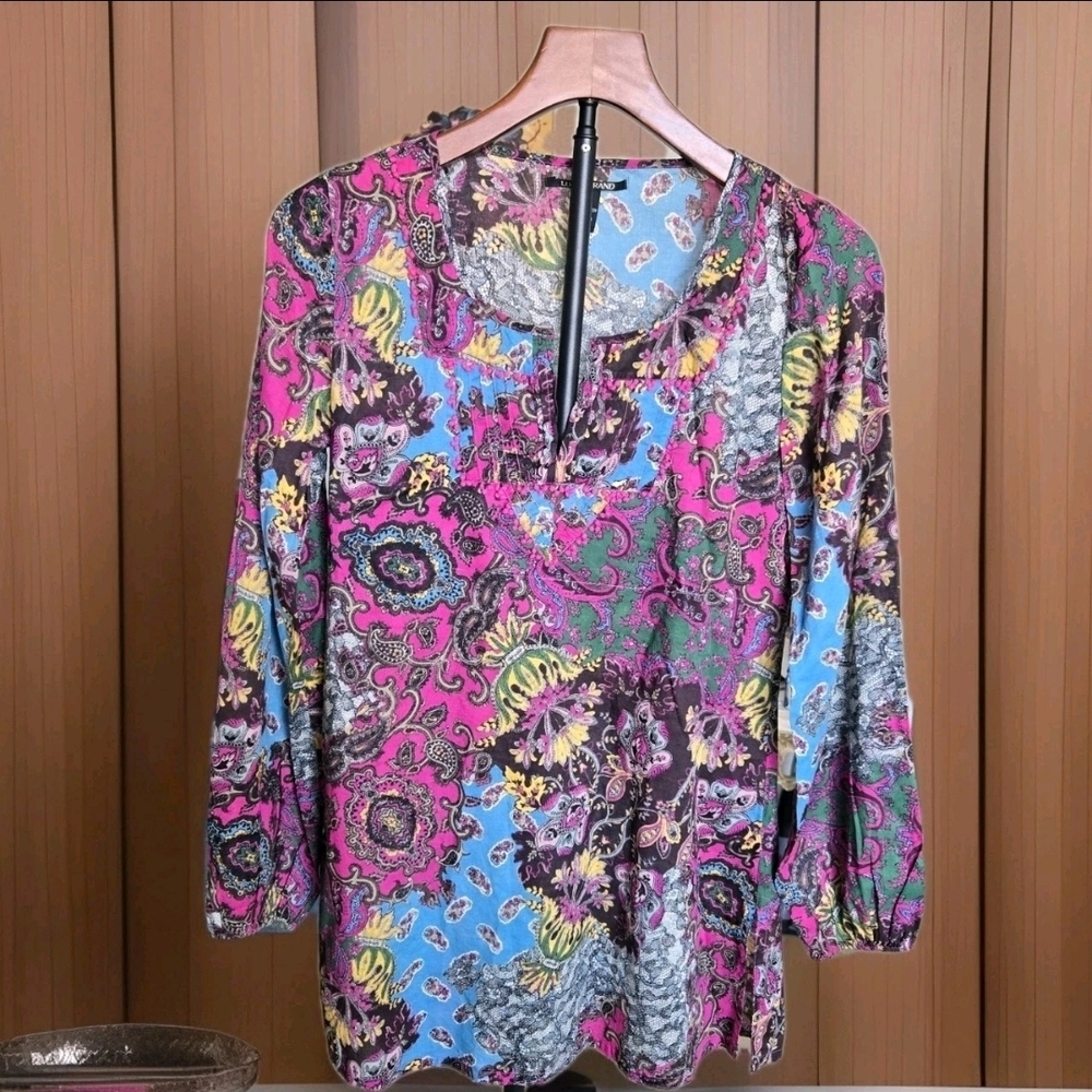 Lucky Brand XS Boho Paisley Floral Cotton Peasant Top Pink Blue - Picture 4 of 13
